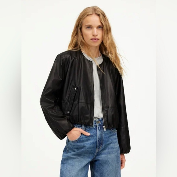 NWT Madewell Black Lambs Leather Crop Bubble Sleeve Jacket Size Large - Picture 2 of 8